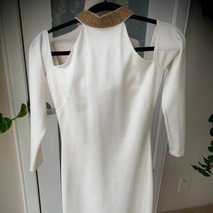 Bebe Gold & Crystal Collar Cut Out Midi Dress